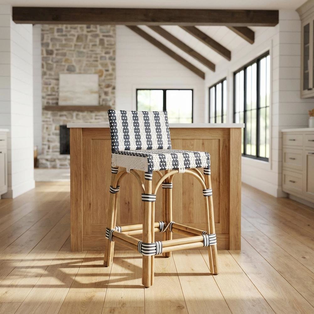 Rattan Low Back Counter Stool, Transitional Bar Stool for Dining Rooms
