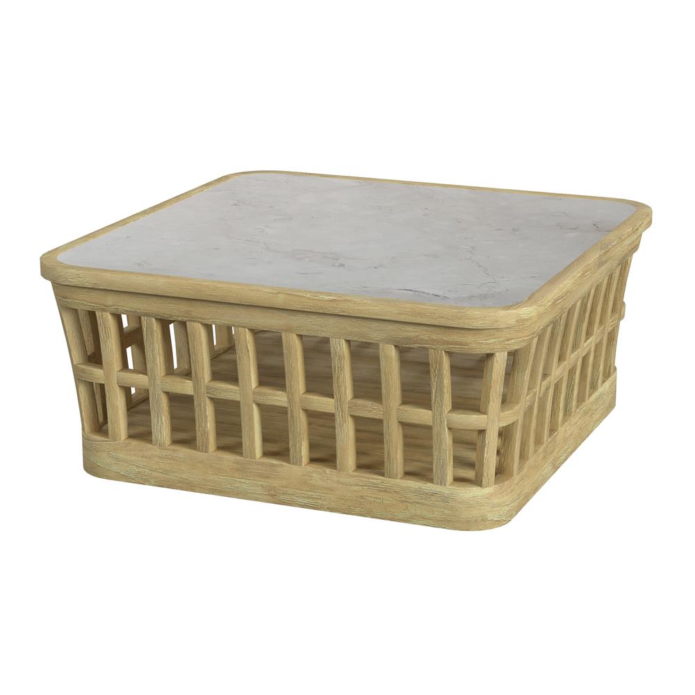 Monhegan Outdoor Teak and Marble Coffee Table, Light Brown