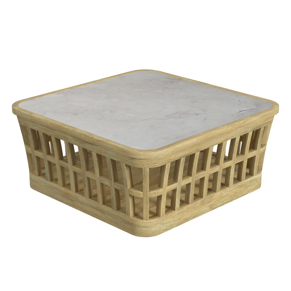Monhegan Outdoor Teak and Marble Coffee Table, Light Brown