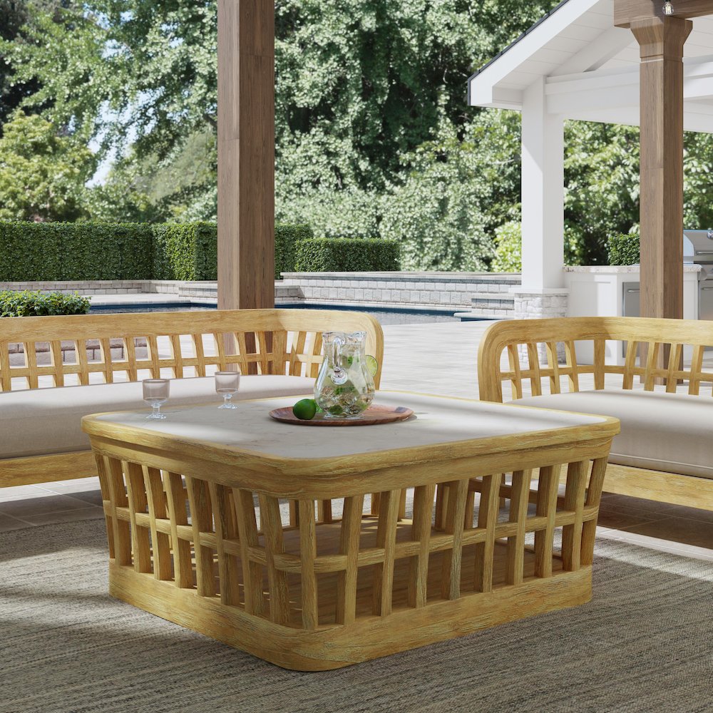 Monhegan Outdoor Teak and Marble Coffee Table, Light Brown