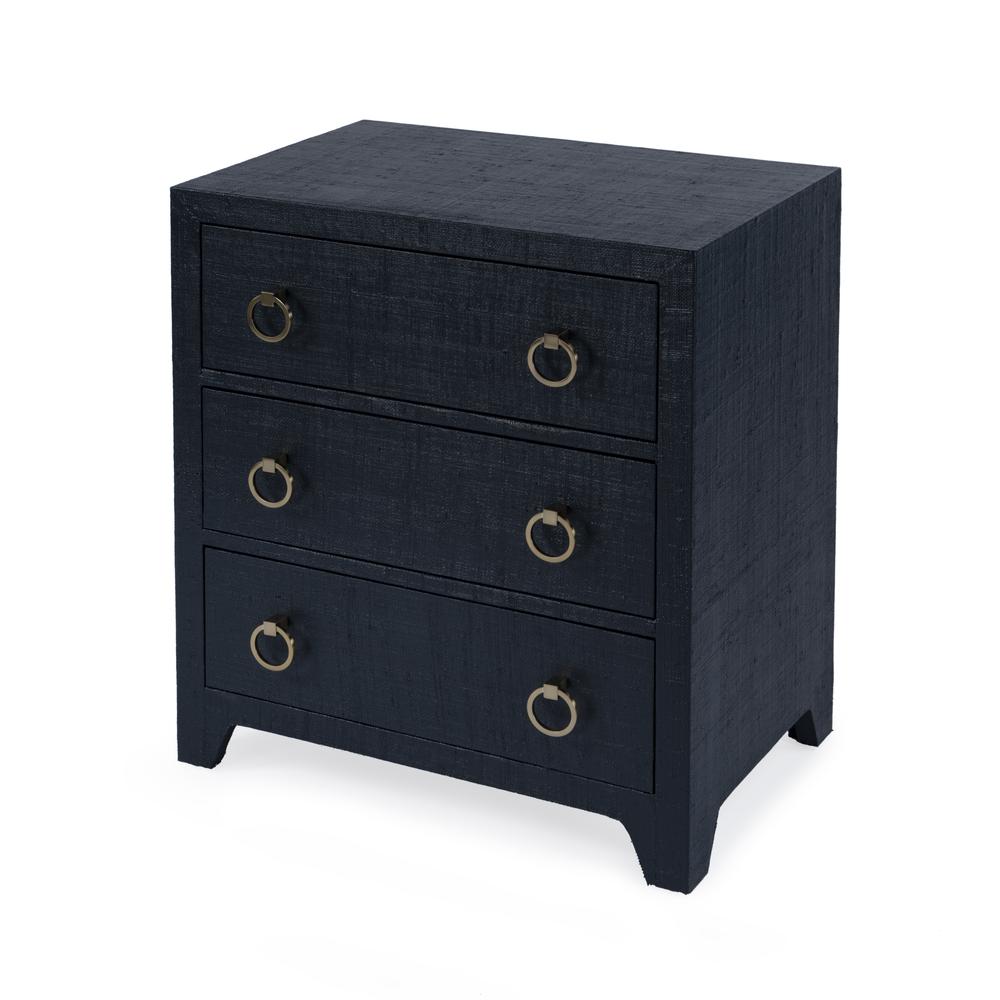 Bar Harbor Raffia 3 Drawer Nightstand, Navy Blue