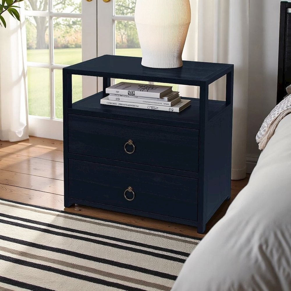 Navy Blue Nightstand – Wide Wood Night Stand with Two Drawers in Blue