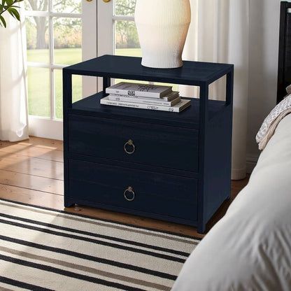 Navy Blue Nightstand – Wide Wood Night Stand with Two Drawers in Blue