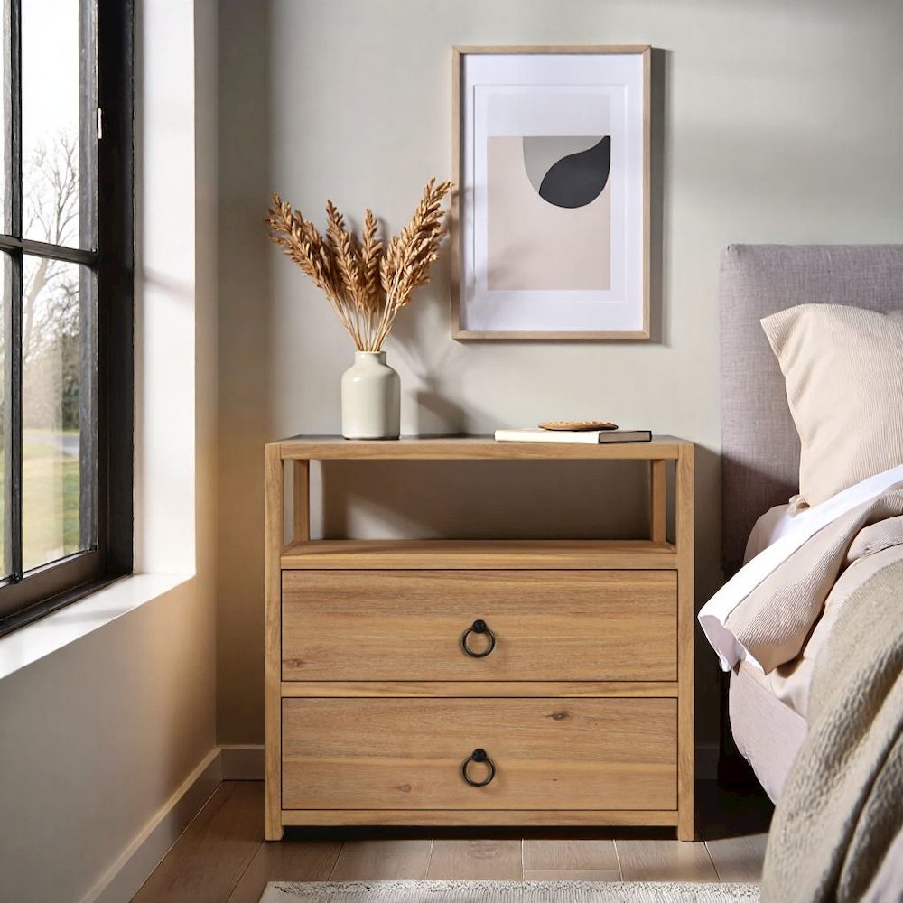 Brown Night Table – Wide Wood Night Stand for Bedroom with Two Drawers