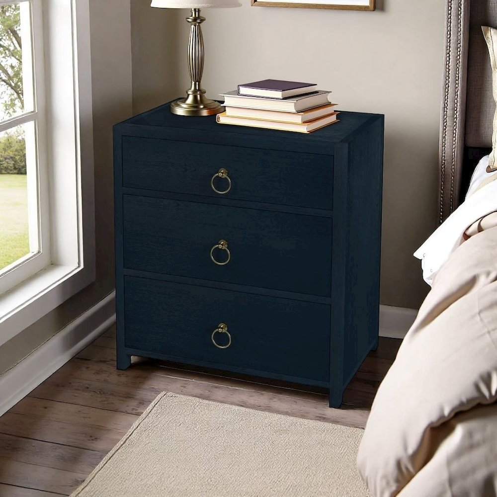 Navy Blue Nightstand – Wide Wood Night Stand with Three Storage Drawers
