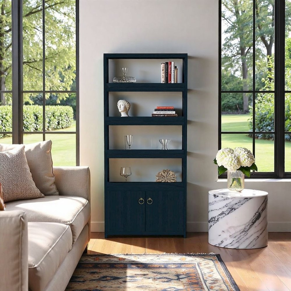 Blue Bookcase with Cabinet and Drawers – Wood Shelf Cabinet Design