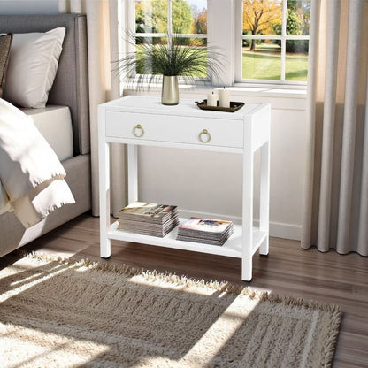Wide White Nightstand with Drawer – 30 Inch Wood Nightstand for Bedroom