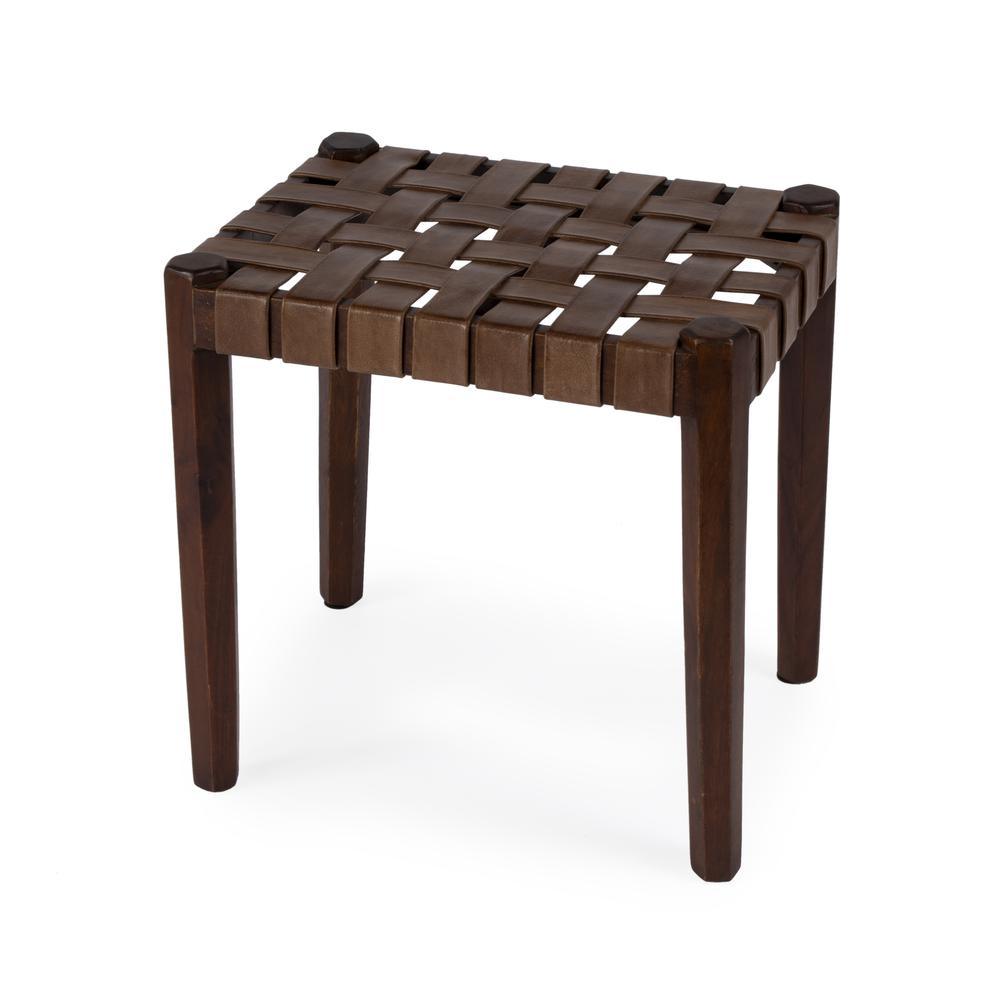 Kerry Leather Woven Stool, Dark Brown
