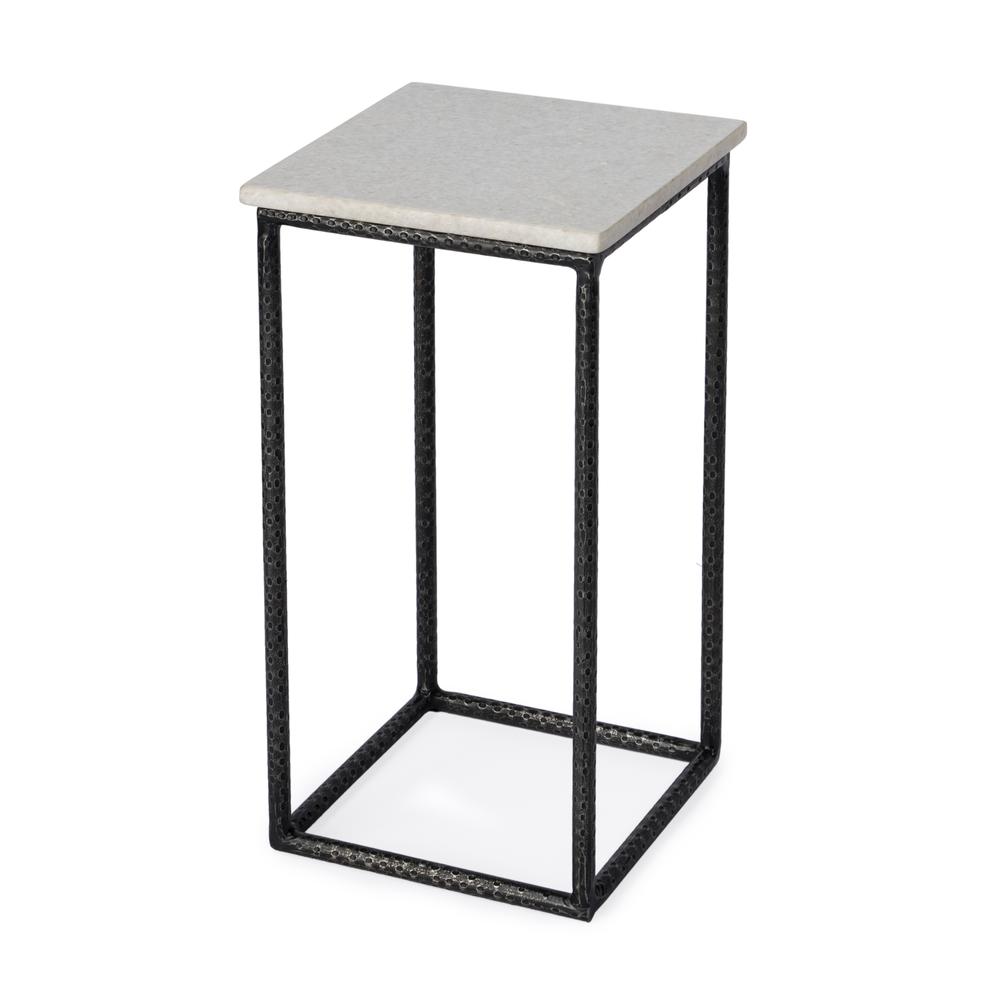 Mabel Marble and Hammered Iron Side Table, White and Black