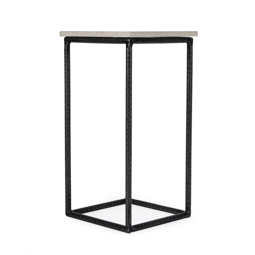 Mabel Marble and Hammered Iron Side Table, White and Black