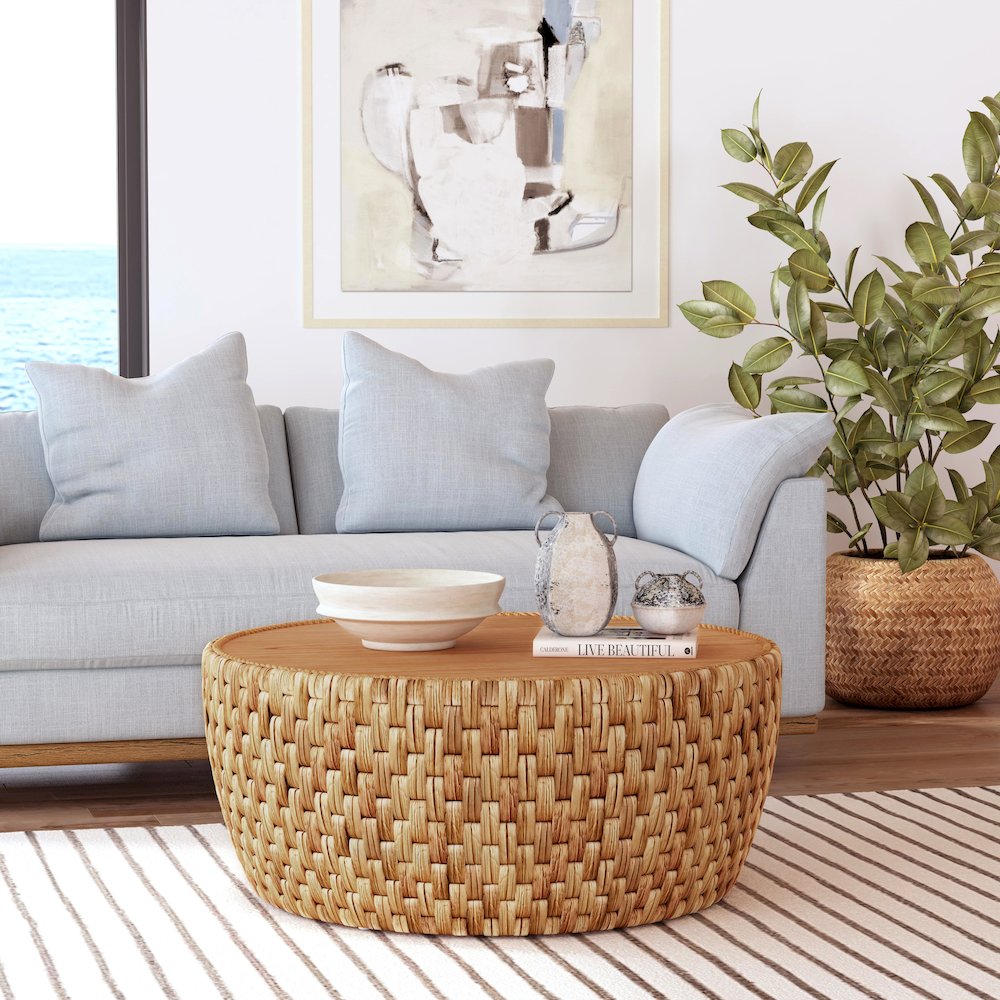 Captiva Round Rattan Drum Coffee Table, Natural