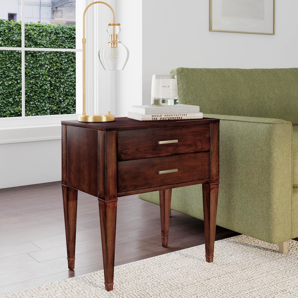 Kai 2 Drawer End Table, Medium Brown