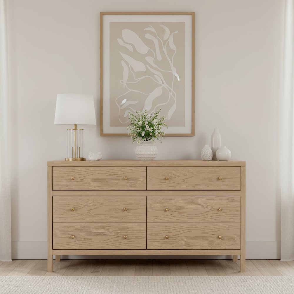 Nora 60 in W. Rectangular Wood 6 Drawer Dresser, Light Brown
