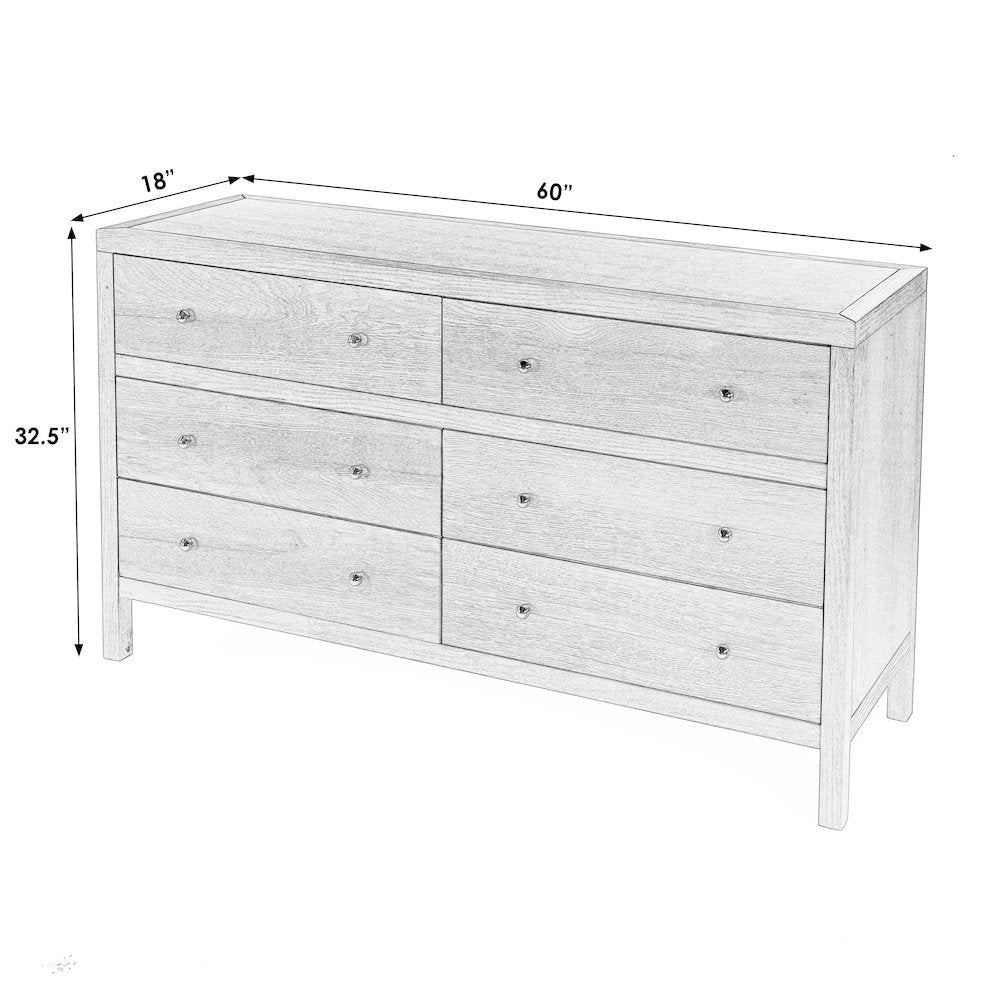 Nora 60 in W. Rectangular Wood 6 Drawer Dresser, Light Brown