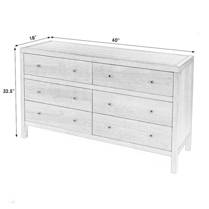 Nora 60 in W. Rectangular Wood 6 Drawer Dresser, Light Brown