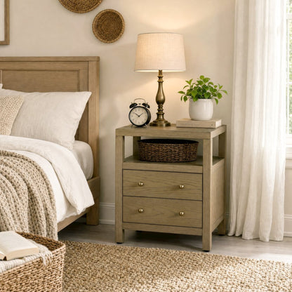 Nora 21 in. W Rectangular Wood 2 Drawer Nightstand with Open Shelf, Light Brown