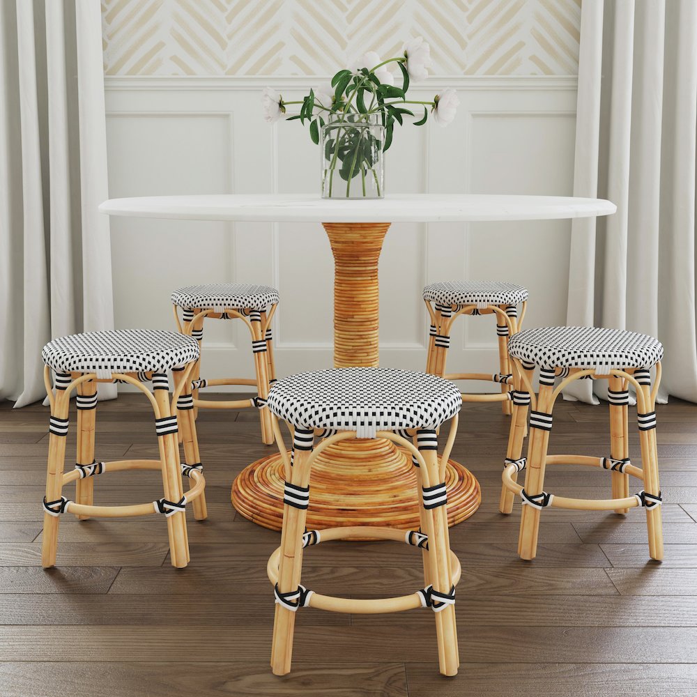 Tobias Rattan Round 18" Stool, White and Black