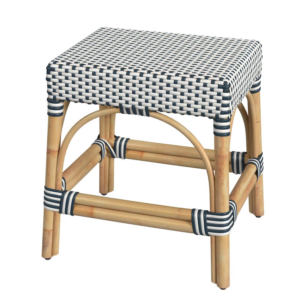 Robias Rattan Rectangular 18" Dining Stool, White and Navy Stripe
