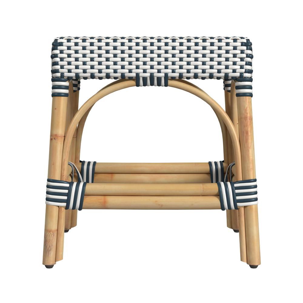 Robias Rattan Rectangular 18" Dining Stool, White and Navy Stripe