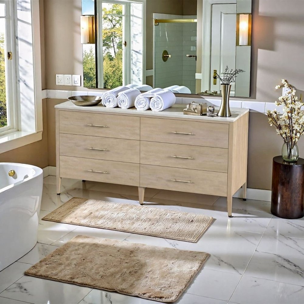 6 Drawer Wood Dresser for Bedroom with Marble Top in Light Brown Finish