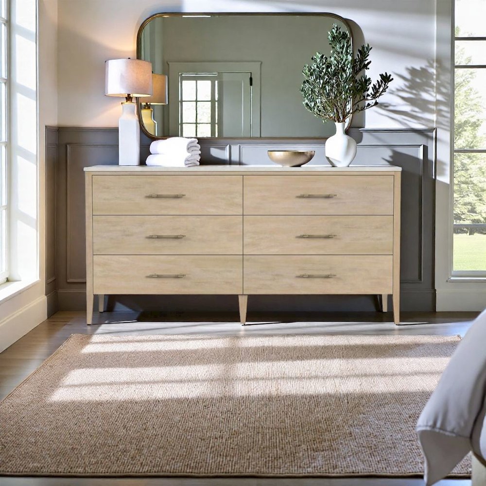 6 Drawer Wood Dresser for Bedroom with Marble Top in Light Brown Finish