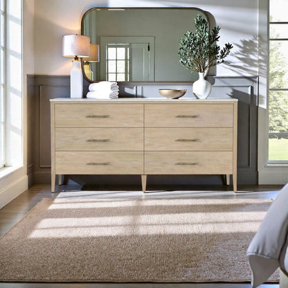 6 Drawer Wood Dresser for Bedroom with Marble Top in Light Brown Finish