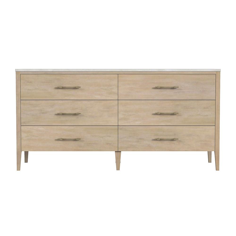 6 Drawer Wood Dresser for Bedroom with Marble Top in Light Brown Finish