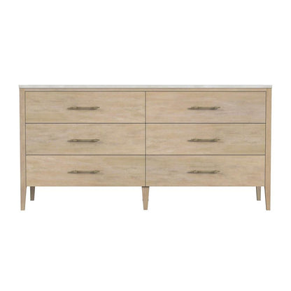 6 Drawer Wood Dresser for Bedroom with Marble Top in Light Brown Finish