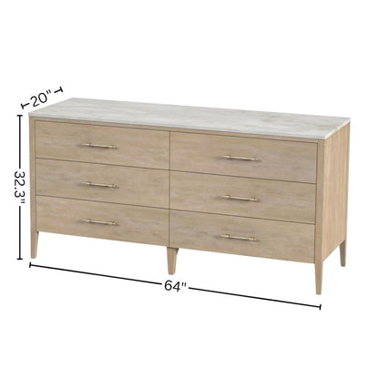 6 Drawer Wood Dresser for Bedroom with Marble Top in Light Brown Finish