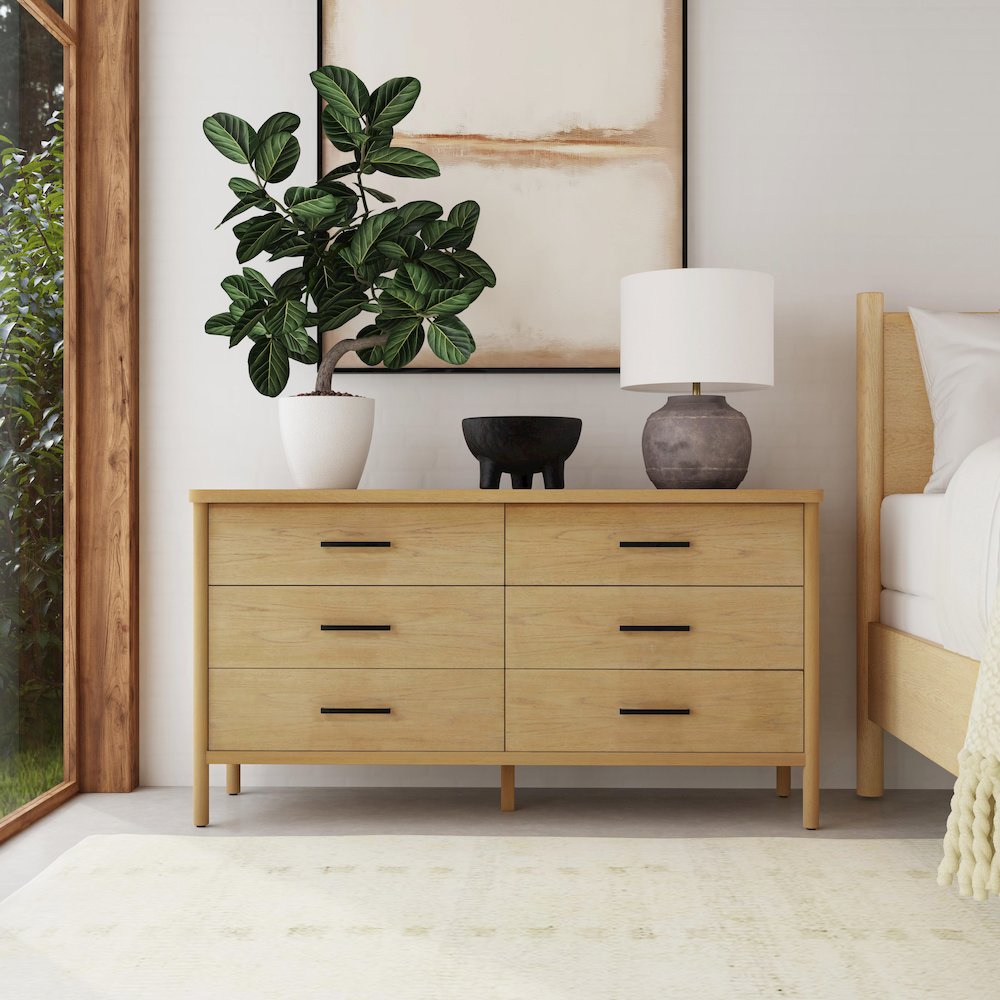 Lennon 6 Drawer Rounded Leg Dresser, Light Brown