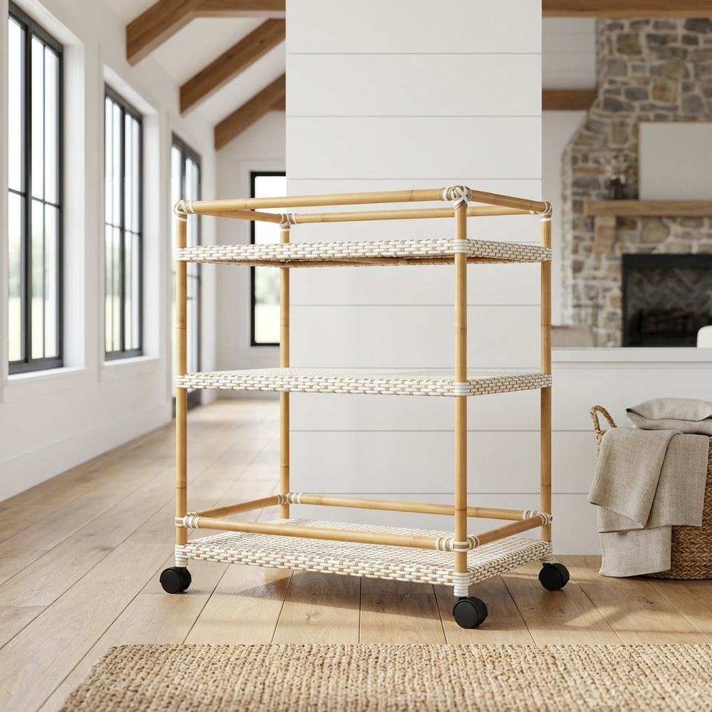 3-Tier Wicker Bar Cart with Storage, Traditional Serving Cart for Patio