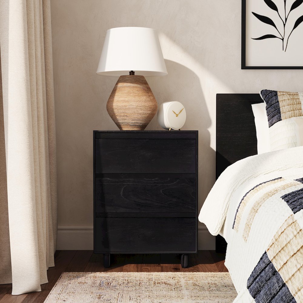 Halmstad 22 in. W Wood Panel 3 Drawer Narrow Nightstand, Black