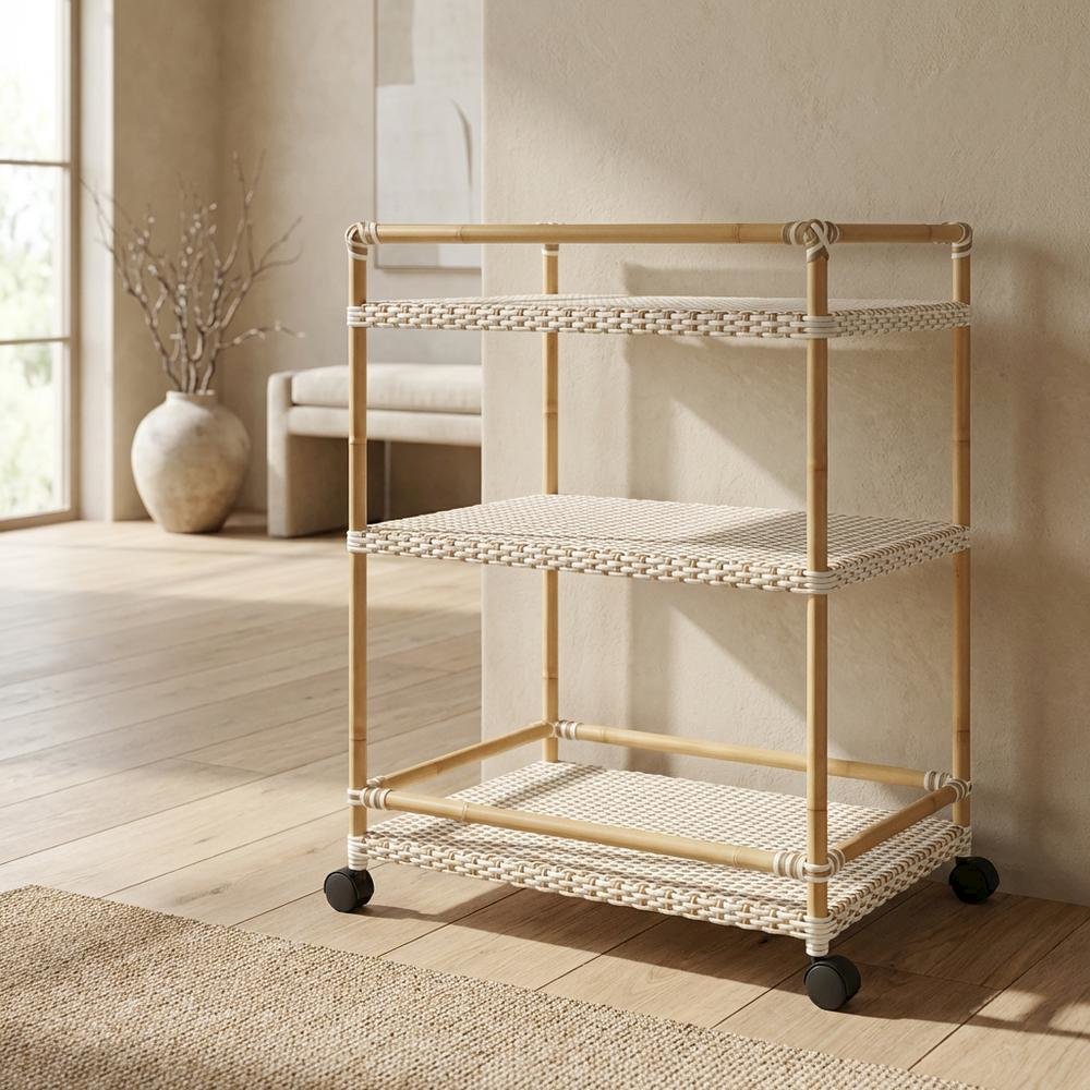 3-Tier Wicker Bar Cart with Storage, Traditional Serving Cart for Patio