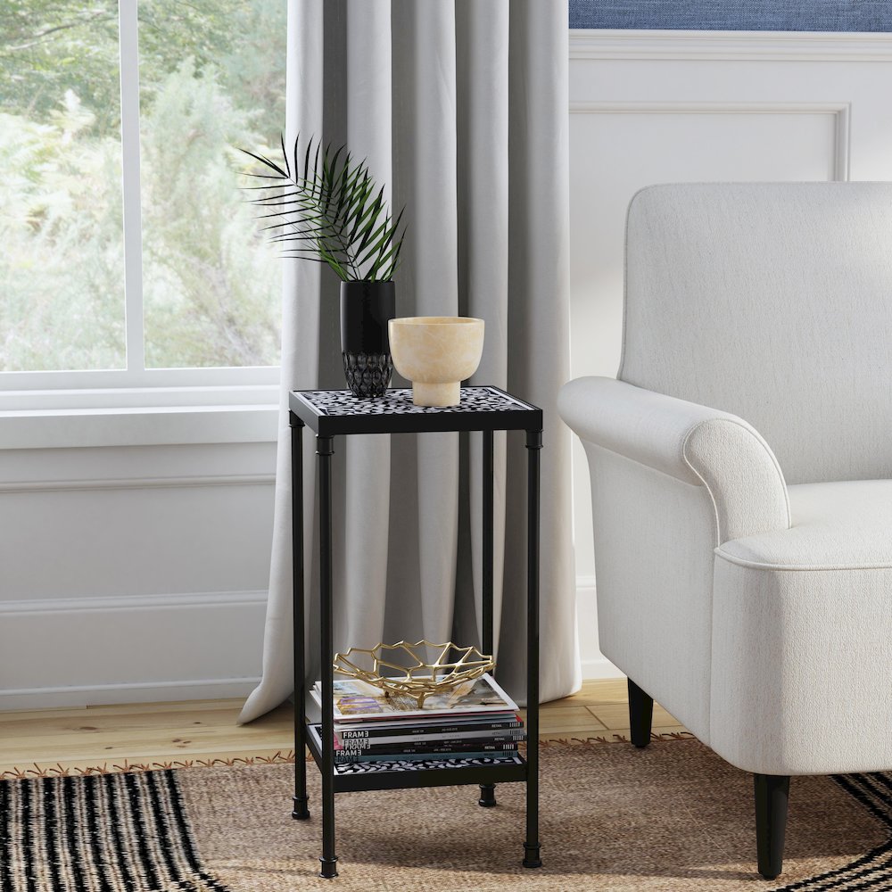 Lana Resin and Bone Inlay Side Table, Black and White