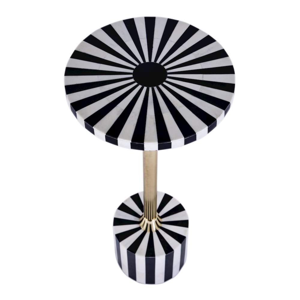 Zane Brass and Bone Inlay Side Round Side Table, Black and White