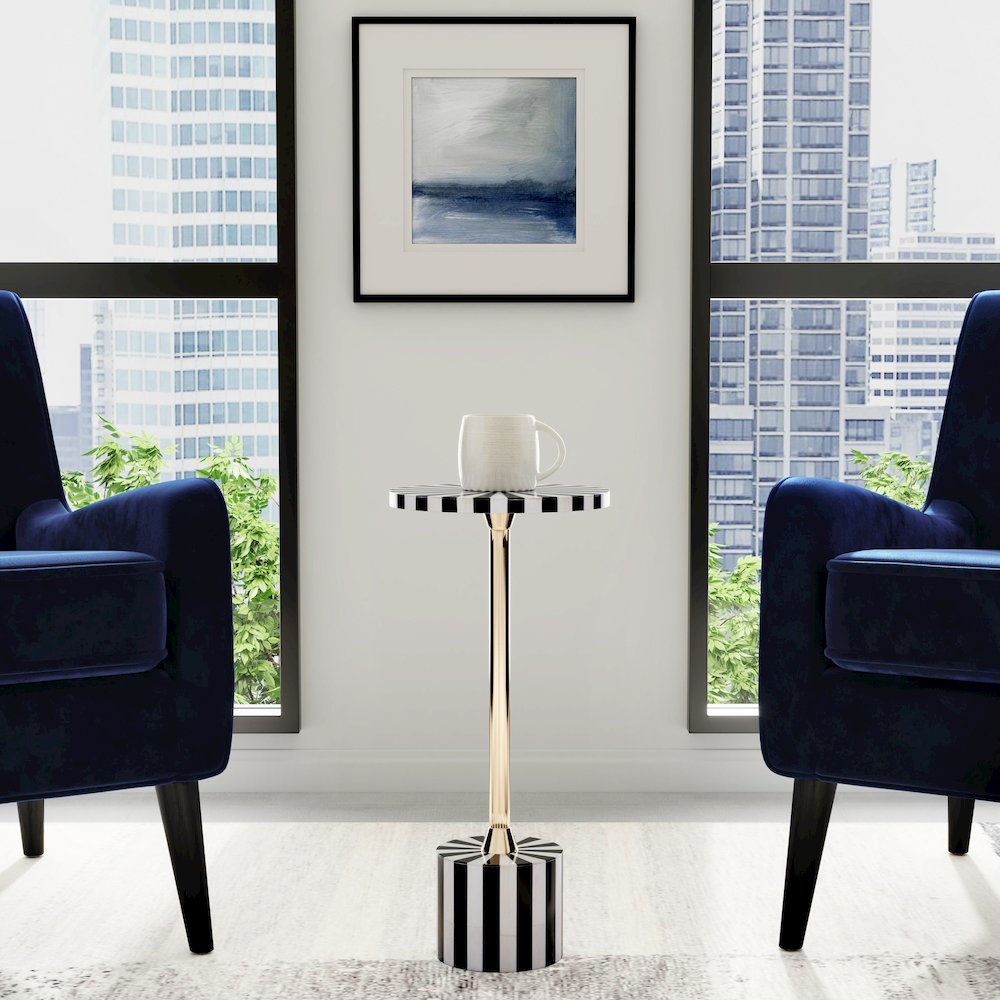 Zane Brass and Bone Inlay Side Round Side Table, Black and White