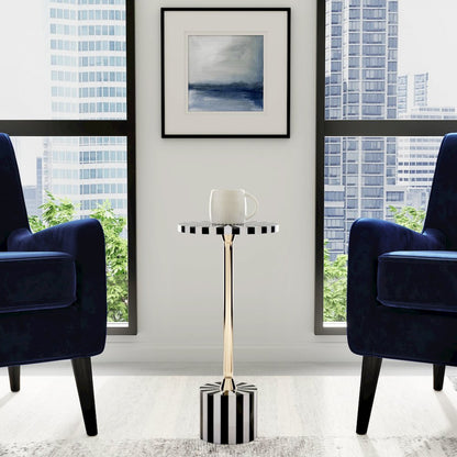 Zane Brass and Bone Inlay Side Round Side Table, Black and White