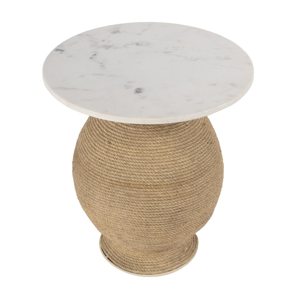 Shea 19 in. W Round Marble and Rope End Table, Natural