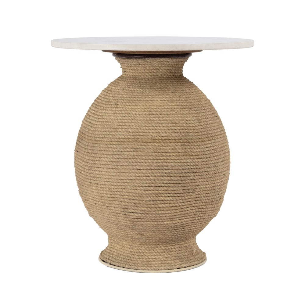 Shea 19 in. W Round Marble and Rope End Table, Natural