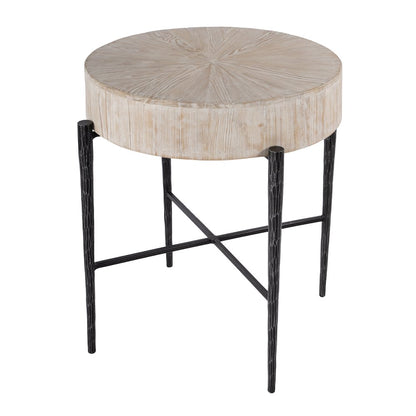 Akemi 24.5 in. W Round Wood and Iron Side Table, Light Brown