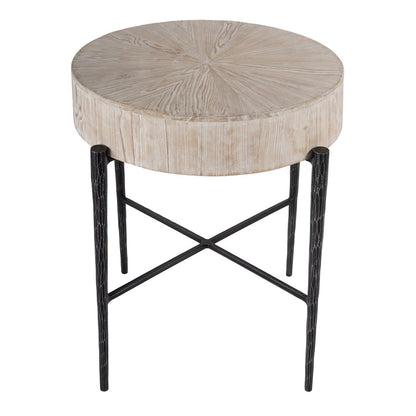 Akemi 24.5 in. W Round Wood and Iron Side Table, Light Brown