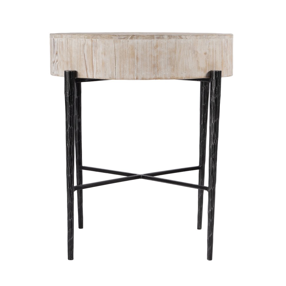 Akemi 24.5 in. W Round Wood and Iron Side Table, Light Brown