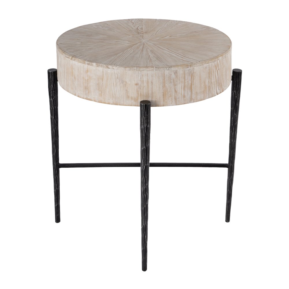 Akemi 24.5 in. W Round Wood and Iron Side Table, Light Brown