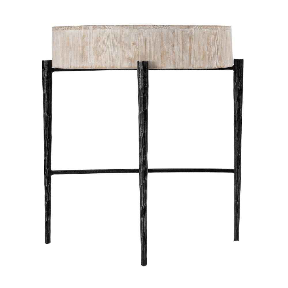 Akemi 24.5 in. W Round Wood and Iron Side Table, Light Brown
