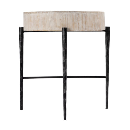 Akemi 24.5 in. W Round Wood and Iron Side Table, Light Brown