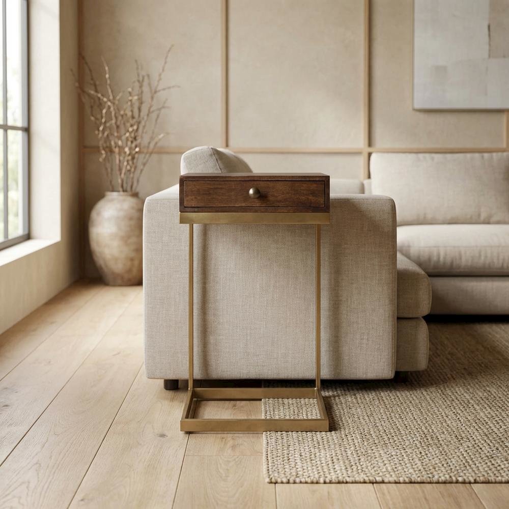 C Shaped End Table with Drawer, Mid-Century Modern Side Table for Living Room