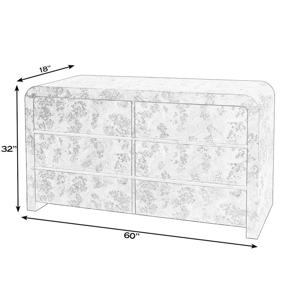Cora 60.5 in. W Wood Burl 6 Drawer Dresser, Light Brown