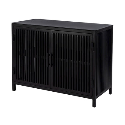35.5 in. W Iron and Glass Accent Storage Chest with 1 Interior Shelf, Black