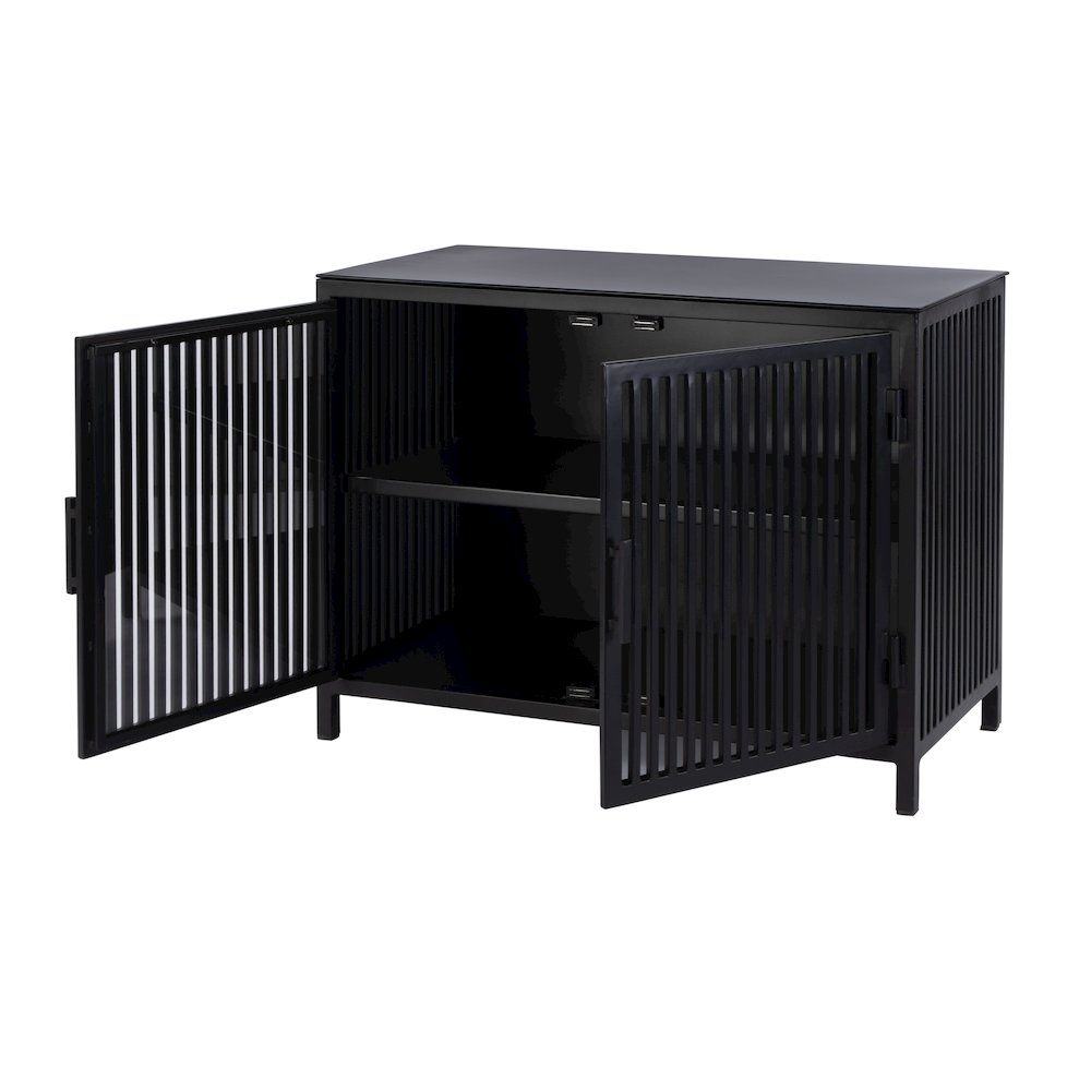 35.5 in. W Iron and Glass Accent Storage Chest with 1 Interior Shelf, Black