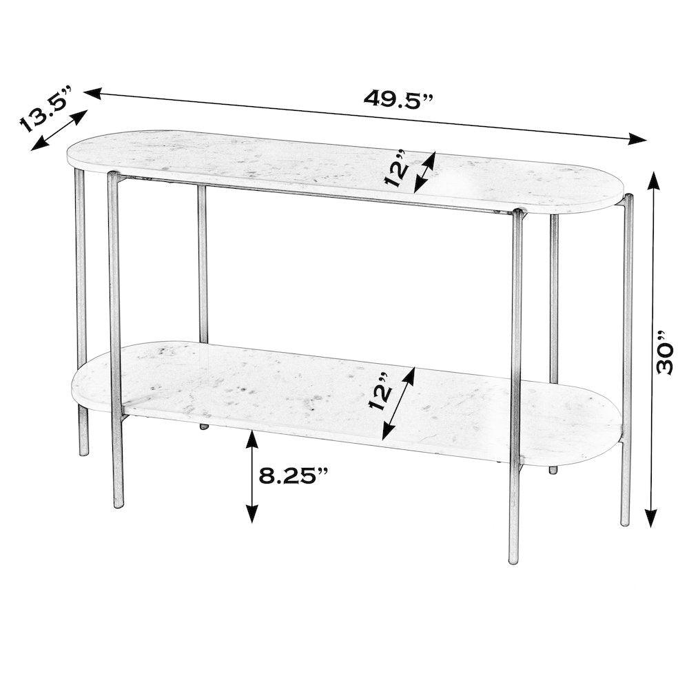 Renaldo 49.5 in. W Elongated Marble and Iron 2-Tier Console Table, White
